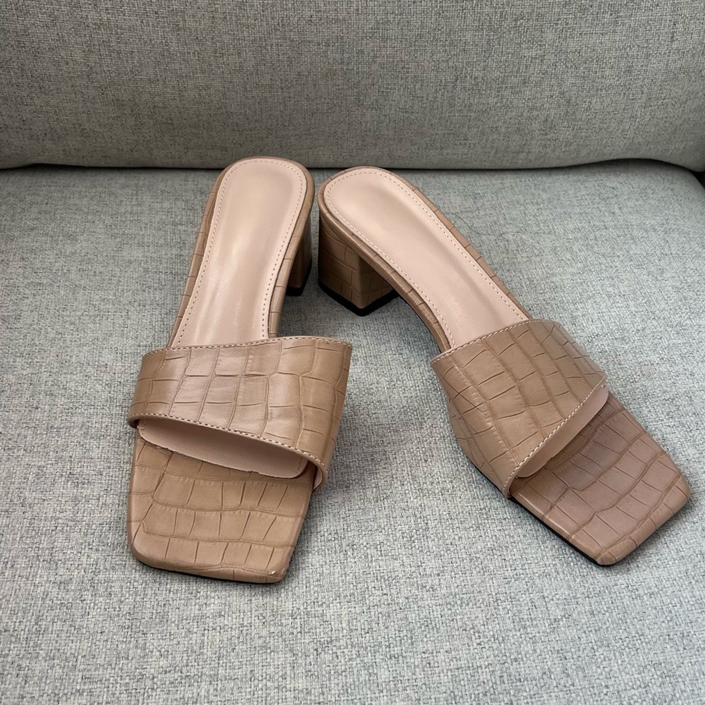 Nude Croc Low Heels Square Toe